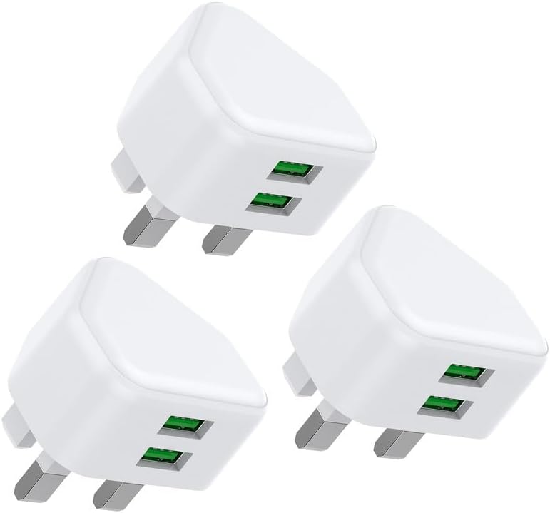 USB Plug, Dual USB Charger Plug UK 3Pack Phone Plugs with USB Port Double Compact 3 Pin Mains Charge Head 10.5W 5V 2.1AMP Charging Compatible with iPhone Apple 14 13 12 11 SE XS XR X 8 7 6 5 iPad