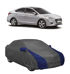 NEXTON Presents Heat Reflective & Semi Waterproof Car Cover Compatible with Hyundai Verna Transform Custom Fit (Grey & Blue Design with Mirror)
