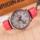 Fashion Watches Schöne Uhren, Damen Armbanduhr Quartz Armbanduhren für den Alltag Leder Band Analog Modisch Weltkarte Muster Schwarz/Rot / Braun - Helles Schwarz Braun Rot (Farbe : Braun)
