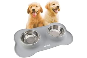Edipets, Comedero Perro Gato y Mascotas, Bebedero Perro Gatos, Doble Plato Extraíble de Acero Inoxidable, Base de Silicona Antideslizante (Tamaño M - 480 Gr, Gris)