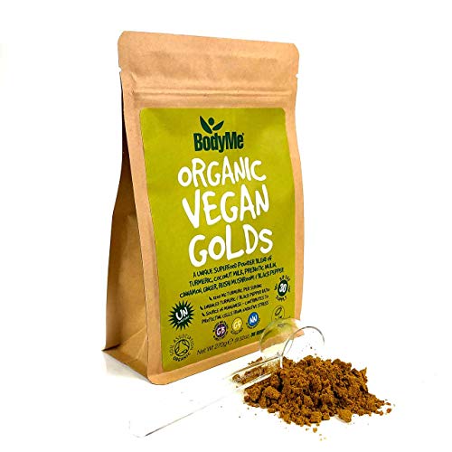 BodyMe Orgánico Vegano Oro Polvo | 270g | Súper Cúrcuma Mezcla | Con Cúrcuma Leche De Coco Inulina Prebiótica Canela Jengibre Seta Reishi Pimienta Negra