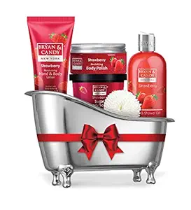 Bryan & Candy New York Strawberry Bath Tub Gift Set For Women Combo For Complete Home Spa Experience (Shower Gel, Hand & Body Lotion, Sugar Scrub, Body Polish)