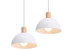 iDEGU Zestaw 2 żyrandoli wiszących w stylu retro, nowoczesny styl, półokrąg, lampa sufitowa E27, drewniana metalowa lampa wisząca do sypialni, jadalni, kuchni, Ø 20 cm (2 opakowania białe)