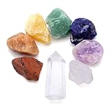 CrystalTears 7 Chakra Natural Raw Stones Rough Rock Crystals & 1pc Clear Quartz Point Wand Meditation Set, Yoga, Chakra Healing,Reiki Balancing