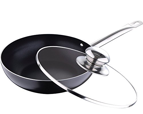 Induktion Bratpfanne mit Glasdeckel Bräter 28 cm Wok-Pfanne Alu (Hohe Schmorpfanne, Servierpfanne, Höhe 7,2 cm, Antihaftbeschichtung)