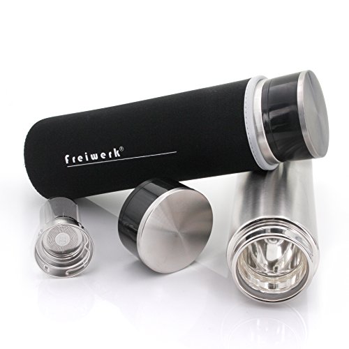 Thermos de thé et de café freiwerk - Infuseur passoire avec double paroi en verre - Sans BPA - En néoprène - Noir 360ml acier inoxydable