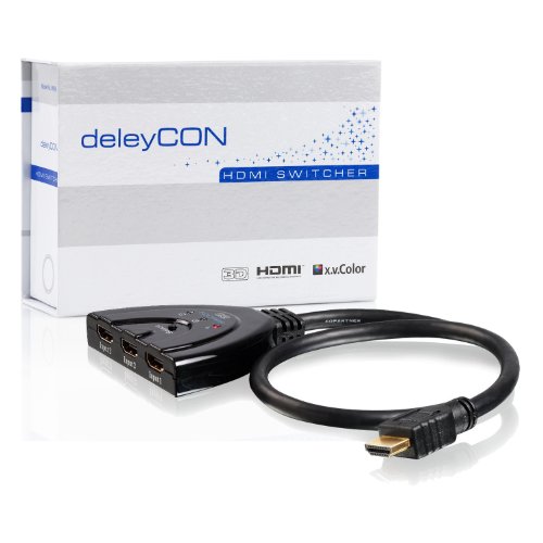 deleyCON HDMI Switch Verteiler 3 Port Automatisch – 3D Ready bis 1080p – inkl. Umschaltknopf – [3x IN / 1x OUT] - 3