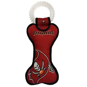 Pets First NFL Tampa Bay Buccaneers Football Dental Tough Dog TUG Bone Toy with Built-in Squeaker Attached to a Safe Rubber Teething Toothbrush PET Toy