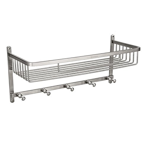 homeideas 2-in-1-Extrem Fest & rostfrei rechteckig Badewanne und Dusche Regal Korb, Wand montiert Badezimmer Bad Caddy/Aufbewahrung mit 5 Handtuchhalter Haken Kleiderbügel, gebürstet, SUS304 Edelstahl, Edelstahl, Silber, C-Rectangular(2-in-1)