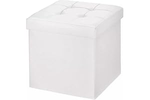 GNCHome Taburete Baúl Plegable [38x38x38] Asiento Blanco Almacenaje - Reposapies Puff de Cuero sintético Negro. Caja almacenaje con Tapa - Banco Dormitorio para Guardar Juguetes, Libros, Ropa