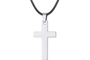 FaithHeart Grawerowany łańcuszek krzyżykowy z zawieszką w kształcie krzyża ze stali nierdzewnej, 5 kolorów srebrny/18K / czarny/niebieski/różowe złoto, skórzany rzemyk, łańcuszek skórzany dla kobiet i