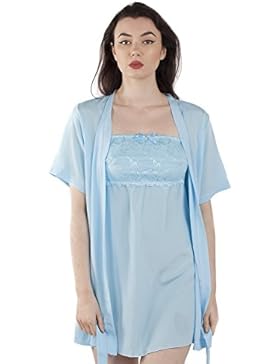 Ladies 2pc Set Lace Nightgown and Short Sleeve Robe in Chiffon or Satin