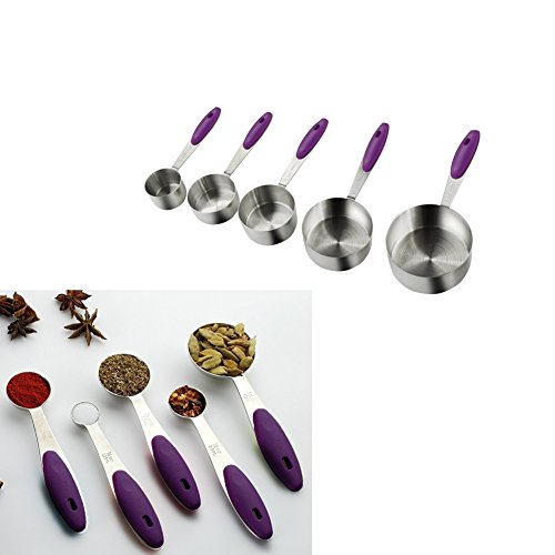 Jorunhe Set of 10 American Kitchen Cooking Baking Measuring Cup Measuring Spoon in Stainless Steel with Silicone Handle (lila)