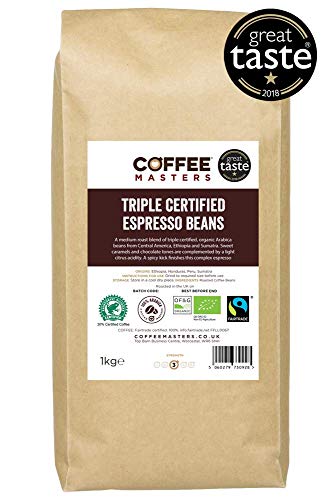 Coffee Masters Dreifach zertifiziert, Bio, Fairtrade, Arabica Kaffeebohnen 1kg - GREAT TASTE AWARD WINNER 2018
