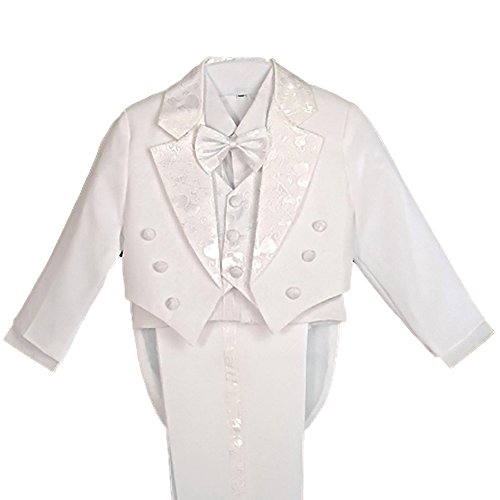 Dressy Daisy Baby Boys' 5 Pcs Set Formal Tuxedo Suit With Tail Pageboy Baptism Christening Outfit Size 9-12 Months White