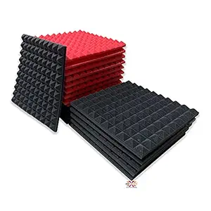 MMT Acoustix Soundproofing Pyramid Acoustic Foam Panels | High Density Sound Absorber | 18 Pcs of 1x1 Feet 1� Thick | (Professional Charcoal 9 Pcs + Red 9 pcs)