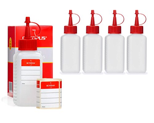 5 x 100 ml Octopus Kunststoffflaschen, Plastikflaschen aus HDPE mit roten Spritzverschlüssen bzw. Tropfverschlüssen, z.B. für E-Liquids / E-Zigaretten, chemikalienresistent,inkl. 5 Beschriftungsetiketten