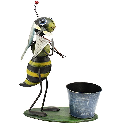 COM-FOUR® Dekofigur „Biene mit Kescher“, Gartenfigur aus bunt lackiertem Metall und Pflanztopf im Bienen-Design, ca. 41x34x21cm - 6