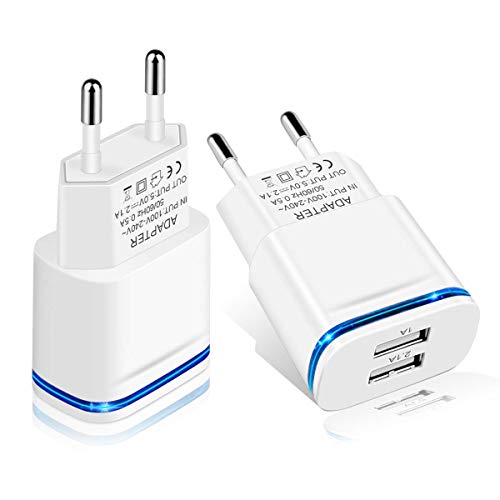 Price comparison product image PICILOO European Plug Adaptor,  2-Pack EU USB Charger 2.1A / 5V Europe Dual USB Wall Charger Power Travel Adapter for iPhone XS XR X 8 / 7 / 6 / 6S Plus 5S,  iPad,  Samsung Galaxy S8 / S7 / S6 Edge,  HTC,  LG