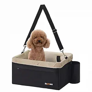 FEANDREA Dog Car Seat, Pet Booster Seat for Small Dogs up to 26 lb, with Adjustable Straps, Removable Washable Fleece Liner, 4 Pockets, for Front Seats, Back Seats, Black and Beige UPBS042B01