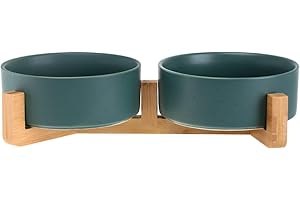 HCHLQLZ Vert Pet Gamelles pour Chien et Chat Gamelles Chien Chat Céramique Support Bambou -Va au Lave-Vaisselle et Facile à Nettoyer (2 Bol)