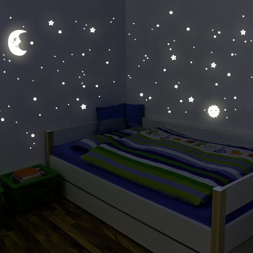 Wandkings - Adhesivos de Pared Luminosos, Fluorescentes y Brillantes en la Oscuridad Sol, Luna y Estrellas Juego XL 114 Adhesivos en 2 Hojas A4