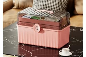 Braozaiw Scatola di immagazzinaggio medicinale a tre strati, scatola di primo soccorso, scatola medica portatile, scatola medica, grande capacità, ufficio e viaggio (Rosa)