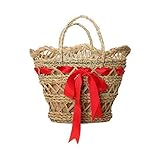  Bolso de esparto natural trenzado a mano con dibujo calado.Modelo con 2 asas forrado interior con tela de arpillera y lazo rojo en el centro.