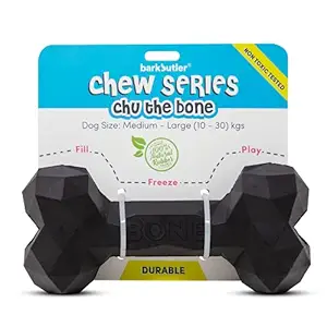 Barkbutler Chu The Bone Durable Dog Chew Toy, Black | for Medium-Large Dogs (10-30kgs) | Treat-Dispensing | Gentle on Teeth + Gums | 100% Natural Rubber | Non-Toxic | Fetch, Play, Tug, Interactive