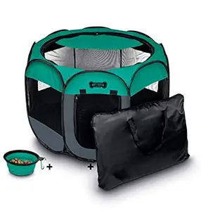 Ruff 'n Ruffus Portable Foldable Pet Playpen + Carrying Case & Collapsible Travel Bowl | Indoor/Outdoor use | Water Resistant | Removable Shade Cover | Dogs/Cats/Rabbit | Available in 3 Sizes