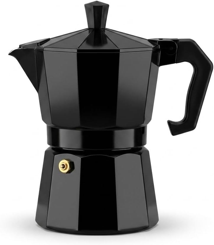 Deconox Siyah Moka Pot 3 Fincanlık Moka Kahve Cezvesi, 180 ml Alüminyum Espresso Demliği, Ocak Üstü Kahve Yapıcı, Gazlı Elektrikli ve Seramik Ocak Uyumlu, 9x12x17 cm