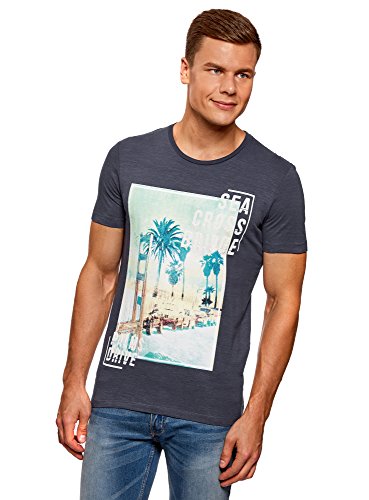 oodji Ultra Herren T-Shirt mit Strand-Druck, Blau, L oodji Ultra Herren T-Shirt mit Strand-Druck, Blau, L