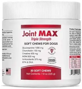 The Healthy Tails Joint Max Triple Strength Soft Chews for Dogs - Glucosamine, Chondroitin, Creatine, MSM - Vitamins and Antioxidants - Hip and Joint Pain Relief and Support Supplement - 30 Doses