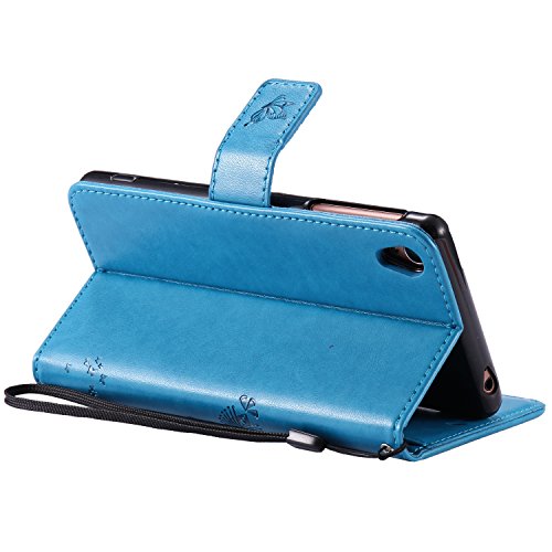 Sony Xperia Z3 Hülle Blau im Retro Wallet Design,Cozy Hut Sony Xperia Z3 Hülle Leadertasche Premium Lederhülle Flip Case im Bookstyle Folio Cover Kartenfächer Magnetverschluss und Standfunktion Leder Schale Etui für Sony Xperia Z3 (5,2 Zoll) Handytasche Schutzhülle Katzen und Bäume Muster – blau - 4