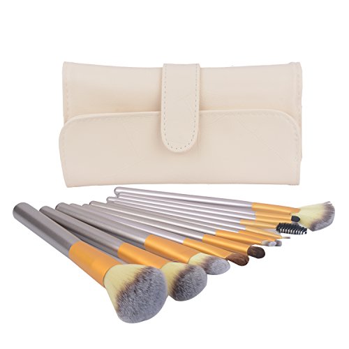 Start makers® Makeup Brushes Sets - Natural Makeup Brush Set - Soft Kabuki Make up Brushes - 12 pcs Professional Cosmetics Brushes Kits - Wooden Handle Makeup Sets & Beige Pouch