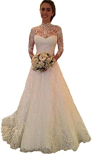 WDH Dress High Neck Lace Wedding Dress With Long Sleeves Backless Bridal Gown 10