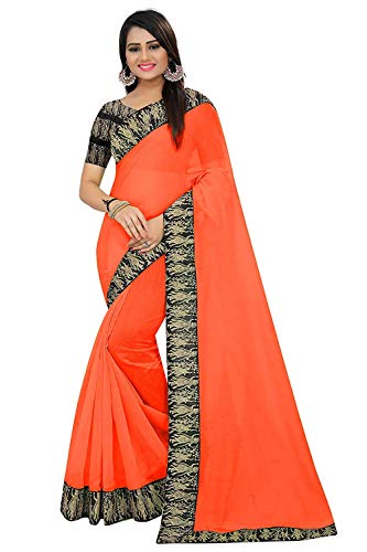 DC Apparel Orange Cotton Silk Saree with Radha Krishna Printed border on the saree.