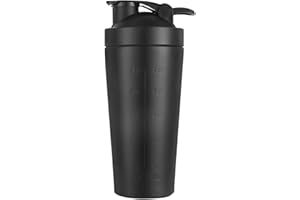 LUFEIS Coctelera de Proteína de Acero Inoxidable, Proteína Shaker, con Esfera Mezcladora, Coctelera de Proteínas 900 ml con asa Hebilla, Coctelera para Proteinas, para Fitness (Negro)