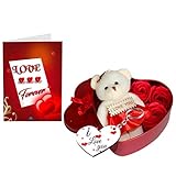 Sky Trends Fabric Heart-Shaped Box with Teddy and Roses and Wooden Keychain with Greeting Card