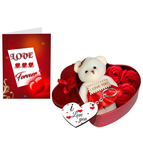 Sky Trends Fabric Heart-Shaped Box with Teddy and Roses and Wooden Keychain with Greeting Card