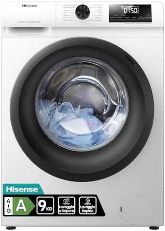 Hisense WFQE9014EVJM – Lavatrice a Carica Frontale 9 kg, Classe A, Vapore, 15 Programmi, Motore Inverter, Programma Rapido 15’, Pause & Add, Pulizia Cestello, Display LED, Bianco