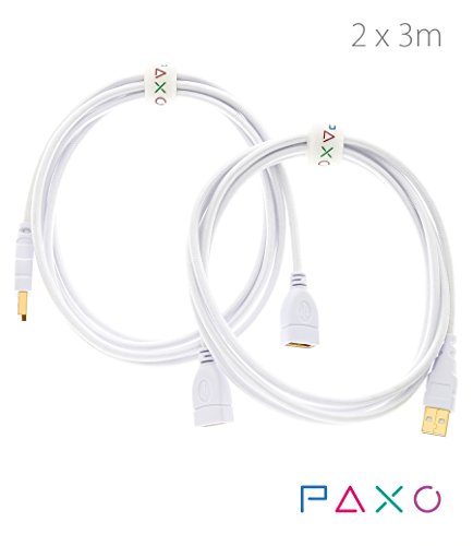 2 x 3m Nylon USB Verlängerung weiß, A-A / USB Verlängerungskabel, Goldstecker, geflochtenes Kabel (braided), mit Kabelklett - 5