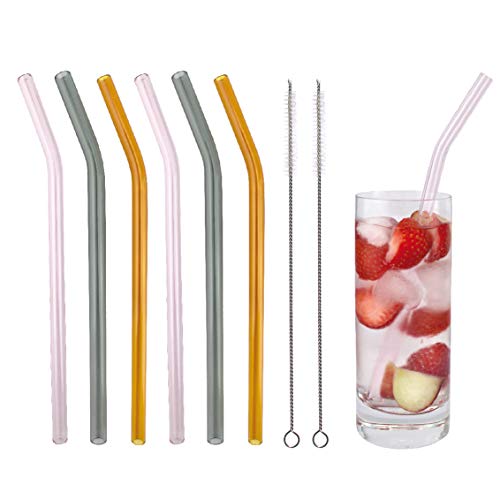 KaraLuna Lot de 6 pailles en Verre + 2 brosses de Nettoyage I 22 cm Longueur I courbé I Multicolore I Home