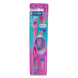 aquawhite SHIMMER & SHINE Jiggle Wiggle Toothbrush with 2 D Shimmer & Shine Image on Hygiene Cap, Suction Cup & Tongue Cleaner (Purple)