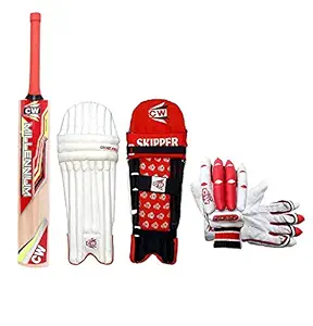 CW Trainer Red Cricket Kit for Boys Right Hand Cricket Kit for Men Full Size Youth & Boys Cricket Equipment Kashmir Willow Cricket Bat for Leather Ball All Age Group