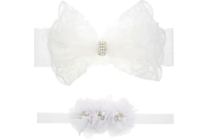 Nishine 2 Pack Christening Headband for Babies with White Bow for Children (Circle Button)