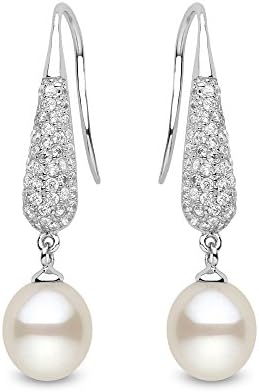 Kimura 8 mm Cultured White Freshwater Pearl and Cubic Zirconia Drop Earrings 925 Sterling Silver