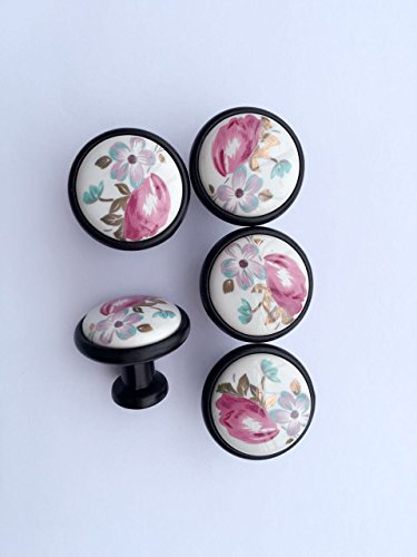 Schönes Leben* 5 Pcs Möbelknopf Schrankknöpfe Möbelgriff Retro Keramik Türknopf Schwarz Tulpe - 2