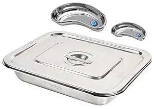 Amazecare Medical Reusable Instrument Tray with Lid Heavy Stainless Steel (Instrument Tray 8in*6in & Set of 2 Kidney Tray)