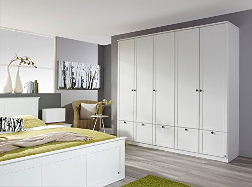 lifestyle4living Kleiderschrank, Schlafzimmerschrank, Wäscheschrank, Drehtürenschrank, Schrank, Dielenschrank, Landhausstil, 5-türig, Schubladen, alpinweiß